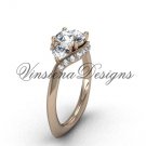14kt rose gold unique diamond Three stone engagement ring,"Forever One" Moissanite VD8225