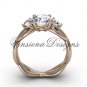 Unique 14kt rose gold Three stone engagement ring, "Forever One" Moissanite VD8405