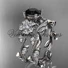 14kt white gold diamond Cherry Blossom flower, Sakura engagement ring set, Black Diamond VD8151S