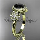 14kt yellow gold diamond Cherry Blossom flower, Sakura engagement ring Black Diamond VD8157