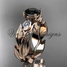 14k rose gold leaf and vine, tulip flower engagement ring, Black Diamond VD10049