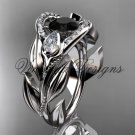 14kt white gold diamond, leaf and vine, tulip flower engagement ring, Black Diamond VD10051