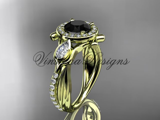14kt yellow gold diamond leaf and vine, tulip flower engagement ring, Black Diamond VD10053