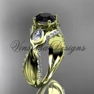 14kt yellow gold diamond leaf and vine, tulip flower engagement ring, Black Diamond VD10060