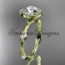 14k yellow gold leaf and vine engagement ring, "Forever One" Moissanite VD10075