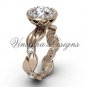 14kt rose gold diamond leaf and vine engagement ring, "Forever One" Moissanite VF301004