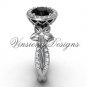 14kt white gold flower engagement ring, Black Diamond VF301010