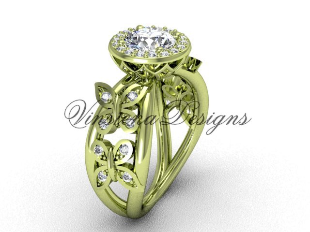 14kt yellow gold butterfly engagement ring, "Forever One" Moissanite VF301013