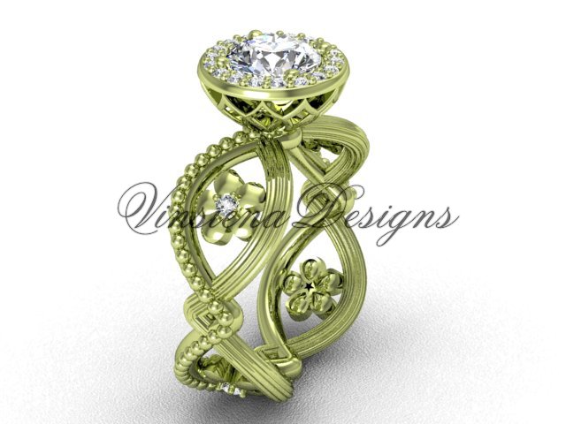 14kt yellow gold flower engagement ring, "Forever One" Moissanite VF301014
