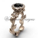 14kt rose gold diamond leaf and vine, floral, halo engagement ring, Black Diamond VF301016