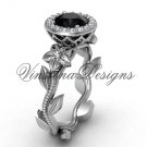 platinum diamond leaf and vine, floral, halo engagement ring, Black Diamond VF301016