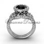 14kt white gold flower engagement ring, Black Diamond VF301017