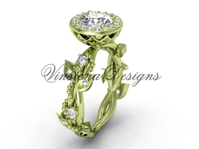 14kt yellow gold diamond leaf and vine engagement ring, "Forever One" Moissanite VF301018