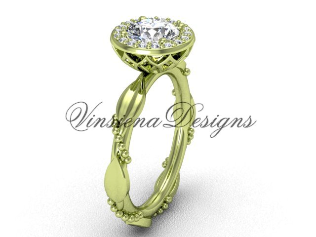 14kt yellow gold diamond leaf and vine engagement ring, "Forever One" Moissanite VF301022