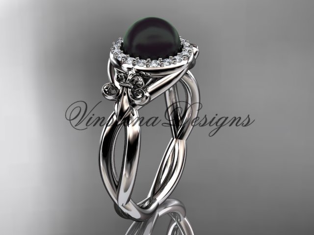 14kt white gold diamond Fleur de Lis, Round Tahitian Black Cultured Pearl, engagement ring VBP10023