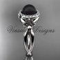 14kt white gold diamond Fleur de Lis, Round Tahitian Black Cultured Pearl, engagement ring VBP10023