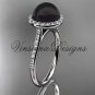 Unique 14kt white golddiamond, Round Tahitian Black Cultured Pearl, halo engagement ring VBP10030