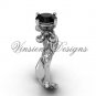 14kt white gold diamond leaf and vine, Fleur de Lis, Black Diamond engagement ring VD20831