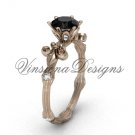 14kt rose gold diamond leaf and vine, Fleur de Lis, Black Diamond engagement ring VD20838