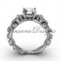 14k white gold diamond leaf and vine, Fleur de Lis, "Forever One" Moissanite engagement ring VD20859
