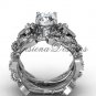 14k white gold diamond leaf and vine, Fleur de Lis, Moissanite engagement set VD20859S