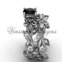 14k white gold diamond leaf and vine, Fleur de Lis, Black Diamond engagement set VD20859S