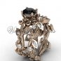 14k rose gold diamond leaf and vine, Fleur de Lis, Black Diamond engagement set VD20859S
