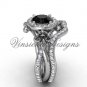 14kt white gold diamond Fleur de Lis, halo engagement ring, Black Diamond engagement set VD20889S