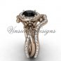 14kt rose gold diamond Fleur de Lis, halo engagement ring, Black Diamond engagement set VD20889S