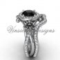 Platinum diamond Fleur de Lis, halo engagement ring, Black Diamond engagement set VD20889S