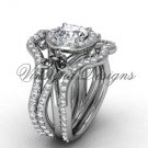 14kt white gold diamond, Fleur de Lis engagement ring with double matching band VD20889S
