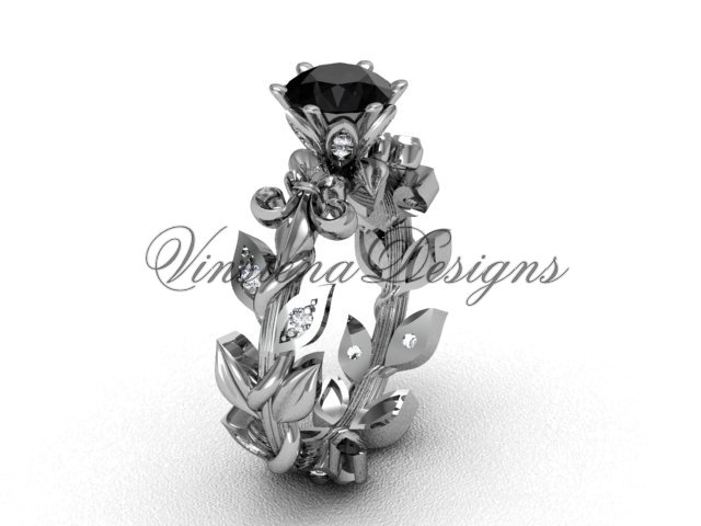 14k white gold diamond leaf and vine, Fleur de Lis, Black Diamond engagement ring VD208124