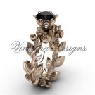14k rose gold diamond leaf and vine, Fleur de Lis, Black Diamond engagement ring VD208124