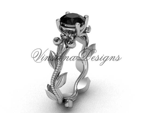 14kt white gold leaf and vine, Fleur de Lis, Black Diamond engagement ring VD208223