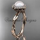 14kt rose gold diamond leaf and vine, pearl, halo wedding ring, engagement ring VFP301022