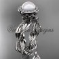 14kt white gold, pearl, diamond, leaf and vine, halo engagement ring VFP301021