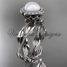 Platinum, pearl, diamond, leaf and vine, halo engagement ring VFP301021