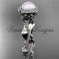 Platinum, pearl, diamond, leaf and vine, halo engagement ring VFP301021
