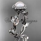 14kt white gold, pearl, diamond, leaf and vine,halo engagement ring VFP301018