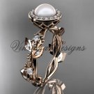 14kt rose gold, pearl, diamond, leaf and vine,halo engagement ring VFP301018