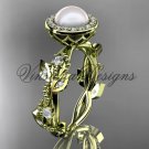 14kt yellow gold, pearl, diamond, leaf and vine,halo engagement ring VFP301018