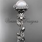 14kt white gold, pearl, diamond, leaf and vine, floral, halo engagement ring VFP301016