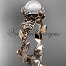 14kt rose gold, pearl, diamond, leaf and vine, floral, halo engagement ring VFP301016