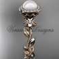 14kt rose gold, pearl, diamond, leaf and vine, floral, halo engagement ring VFP301016