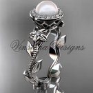Platinum, pearl, diamond, leaf and vine, floral, halo engagement ring VFP301016