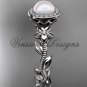 Platinum, pearl, diamond, leaf and vine, floral, halo engagement ring VFP301016