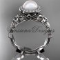 Platinum, pearl, diamond, leaf and vine, floral, halo engagement ring VFP301016