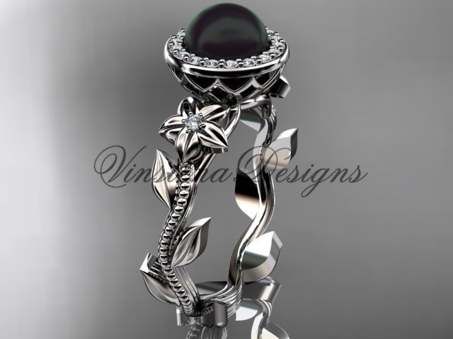Platinum, pearl, diamond, leaf and vine, floral, halo engagement ring VFBP301016
