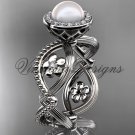 14kt white gold, pearl, flower, halo engagement ring VFP301014