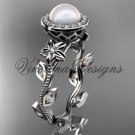 14kt white gold pearl, diamond leaf and vine, floral, halo engagement ring VFP301012